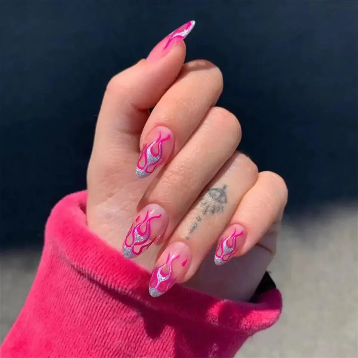 24Pcs Almond False Nails With Tools Cute Heart Strawberry Chili Design French Checkerboard ABS Press On Nails Fake Tips Wearable