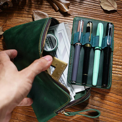 Aichashi Handmade Zipper Pen Case Leather For Men Women Holder Pen Pouch Vintage Pen Box Organizer Boys Girls School Student Stationery