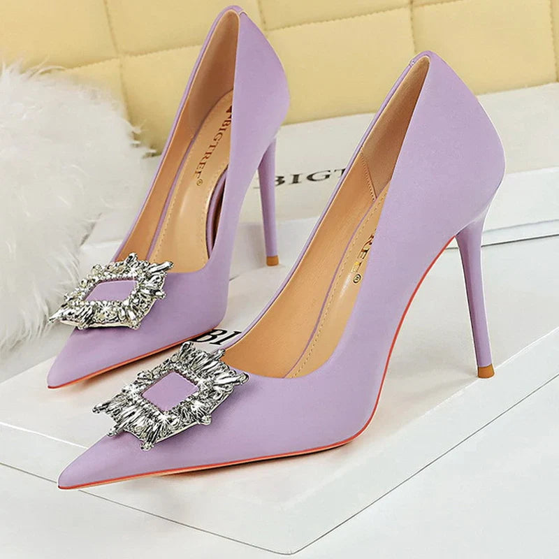 aichashi  -  Shoes Women 10 Cm Heels Metal Rhinestone Luxury Banquet Shoes Woman Pumps Fashion High Heels Silks Satins Lady Stilettos