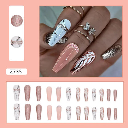 24pcs False Nails Nude Gradient Nail Patch Rhinestone Inlaid Press On Nails Removable Long Paragraph Fashion Manicure nail tips