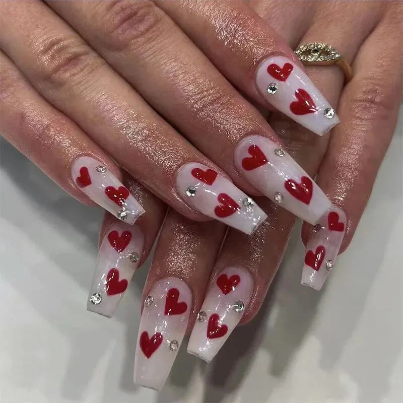 24 PCs Valentine's Day Long Coffin-shaped Novelty Air Rhinestones Love Nails with 1 File and 1 Jelly Glue