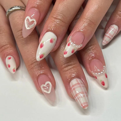 24Pcs Almond False Nails With Tools Cute Heart Strawberry Chili Design French Checkerboard ABS Press On Nails Fake Tips Wearable