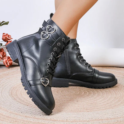 Aichashi Black PU Leather Ankle Boots for Women 2024 Autumn Fashion Lace Up Size Zipper Short Boots Woman Metal Decor Low Heels Booties