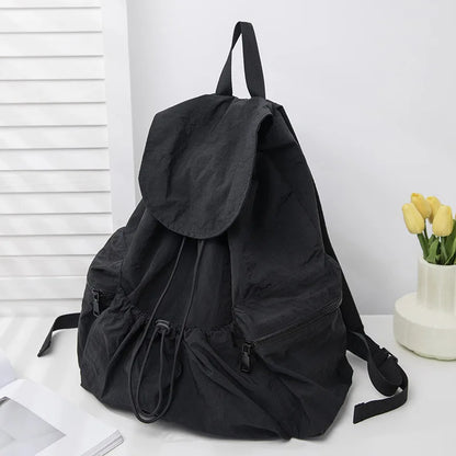 aichashi Pleated Drawstring Nylon Backpack for Women Large Capacity Flip Top Student Backpack College Student Backpack