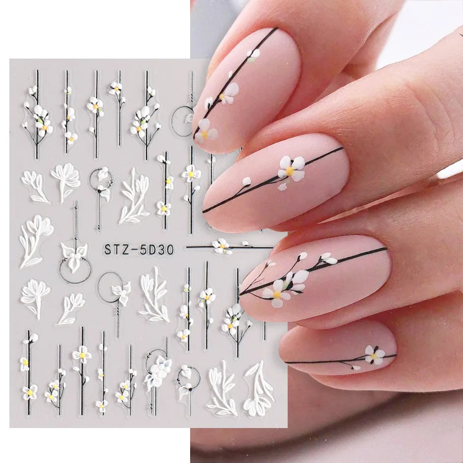 Aichashi 5D Simple Flowers Nail Embossed Stickers Elegant Wedding Design Adhesive Sliders Floral Textured Engraved Decoration Supplies