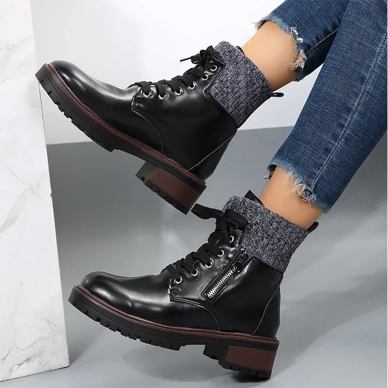 Aichashi Autumn New Patent Leather Thick Heel Ankle Boots Womens Thickening Warm Western Boots Fashion Boots Woman Lace Up Botas