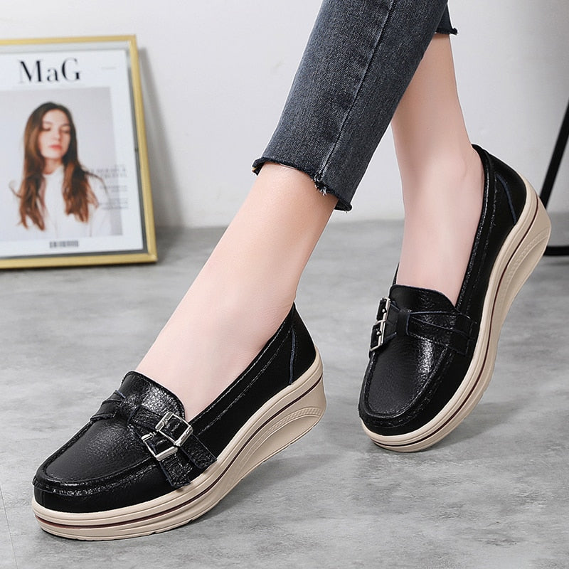 Aichashi New Spring Autumn Women Flats Platform Loafers Ladies Leather Comfort Wedge Moccasins Orthopedic Slip On Casual Shoes 35-42