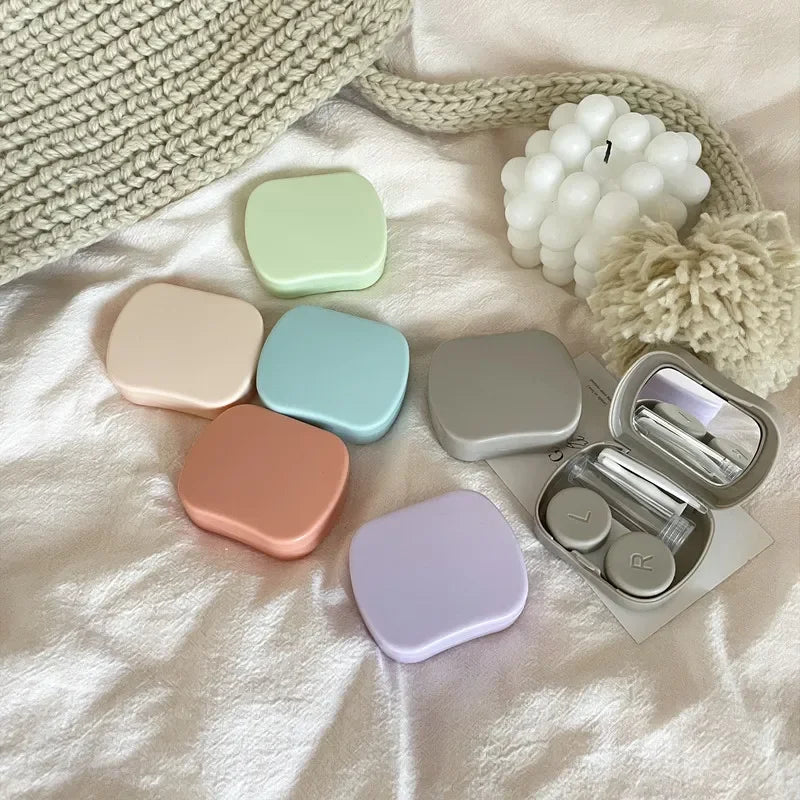 Aichashi Mini Solid Color Contact Lens Case Contact Lens Container Girls Travel Holder Storage Eye Container with Mirror