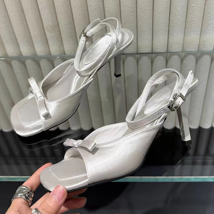 aichashi  -  Luxury Satin High Heels Women Designer Slingback Sandals Female Bow Elegant Party Dress Shoe Fashion Square Toe Mule Pumps Women