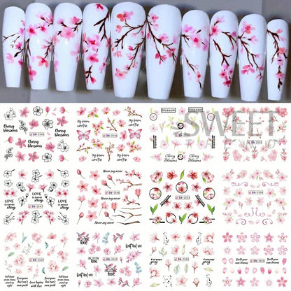 Aichashi 12pcs Pink Cherry Blossom Water Nail Sliders Winter New Year Sakura Floral Leaves Stickers DIY Charm Accessories Manicure Decor