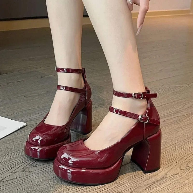 Aichashi BACK TO SCHOOL 2024 High Heels Women's Spring Autumn Pumps Shoes Red Black Retro Thick Soled Mary Jane  Ankle Buckle 9cm Chunky