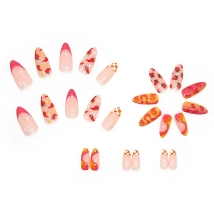 24Pcs Almond False Nails With Tools Cute Heart Strawberry Chili Design French Checkerboard ABS Press On Nails Fake Tips Wearable