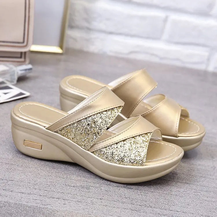 aichashi new Women Summer Slippers Ladies Glitter PU Wedges Shoes Female Casual Slingbacks Sandals Comfortable Platform Woman