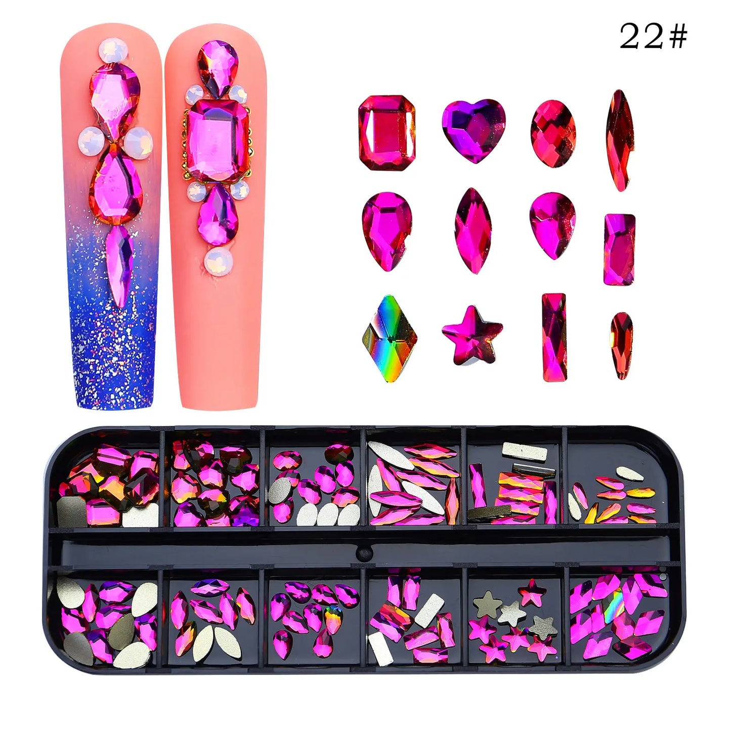 12 Grids/Box Multi-Size Nail Art Rhinestone Decorations AB Crystal Diamond Gems 3D Nails Glitter Glass Non Hotfix Strass Jewelry