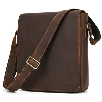 Aichashi  Men's Crazy Horse Leather Shoulder Bag iPad Genuine Leather Messenger Bag Vintage Casual Travel Bag Durable Leather Book Bag