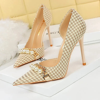 aichashi  -  Shoes Checked Grain Women Pumps Quality High Heels Pearl Chain Design Women Heels Stilettos Luxury Banquet Shoes