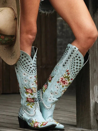 Aichashi New Flower Embroidered Rivet Western Cowboy Boots Women Pointed Toe Square Heels Vintage Knight Boots Cowgirl Boots Shoes