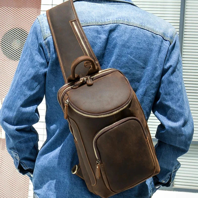 Aichashi Casual Genuine Leather Chest Bag Pack Men iPad Mini Cow Leather Shoulder Bags Male Anti Theft Crossbody Summer Sling bags