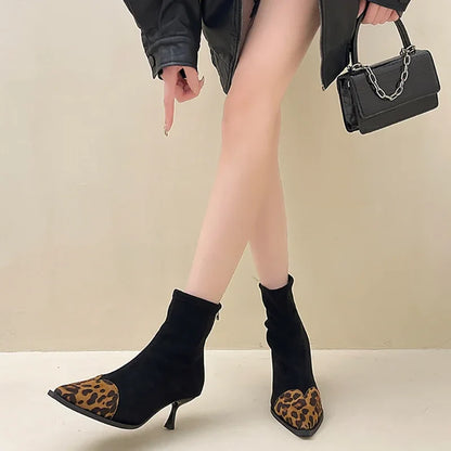 aichashi  -  Leopard Women Ankle Boots Fashion Pointed Toe Short Booties Designer Thin High Heels Stripper Shoes Botas Mujer