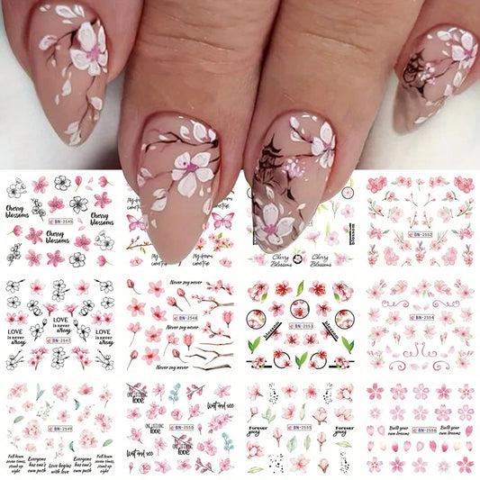 Aichashi 12pcs Pink Cherry Blossom Water Nail Sliders Winter New Year Sakura Floral Leaves Stickers DIY Charm Accessories Manicure Decor