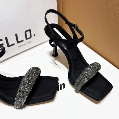 aichashi  -  Sexy Square Toe Thin Heeled Sandals Women Summer Fashion Rhinestone Letter Design Pumps Women Cross Strap Black High Heels