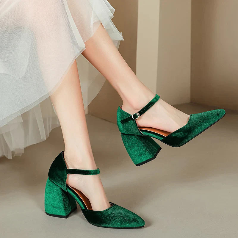 aichashi  -  Elegant Velvet High Heels Shoes Female Sexy Ankle Straps Black Green Women's Heeled Pointy Party Shoe Dress Pumps Ladies 45