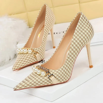 aichashi  -  Shoes Checked Grain Women Pumps Quality High Heels Pearl Chain Design Women Heels Stilettos Luxury Banquet Shoes