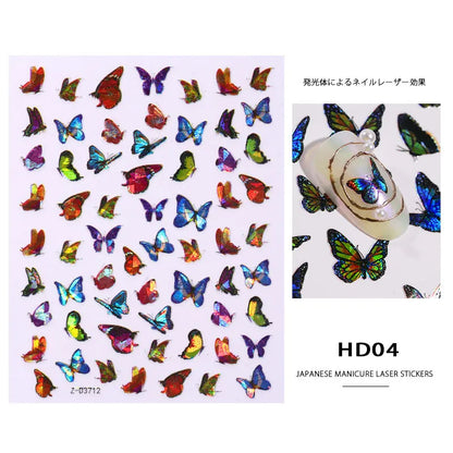 1Sheet Laser Color Butterfly Nail Art Stickers Holographic 3D Gradient Butterflies Adhesive Nail Decals DIY Manicure Decorations