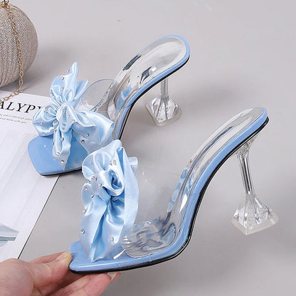 aichashi  -  Fashion Crystal Bow High Heels Slippers Shoes for Woman Sexy PVC Transparent Sandals Women Slides Open Toe Pumps Blue Black