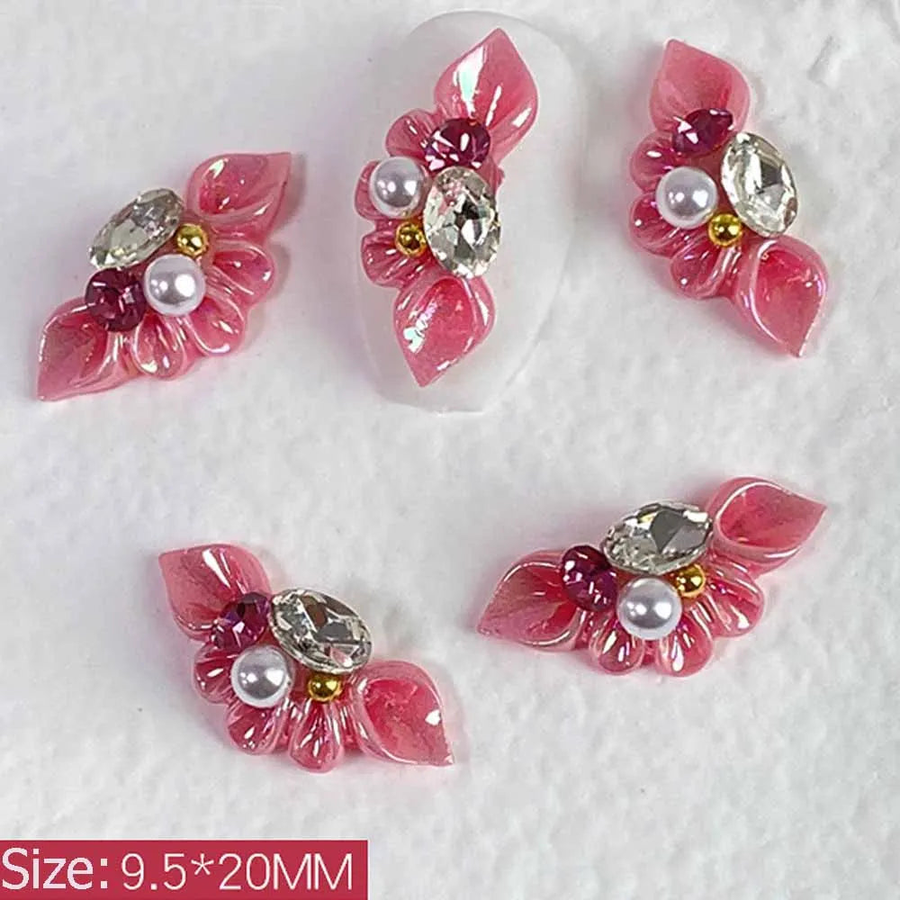 Aichashi 5Pcs Aurora Side Flower Nail Art Charms 3D Acrylic Flowers With Pearl Rhinestone Crystal Nail Art Decoration Nail DIY Accessorie