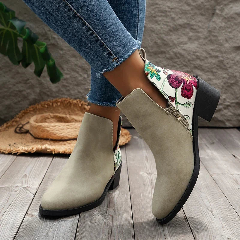 Aichashi Chunky Women Ankle Chelsea Boots Casual Mid Heels Print Random Walking Shoes New Brand Pumps Dress Femme Zapatos