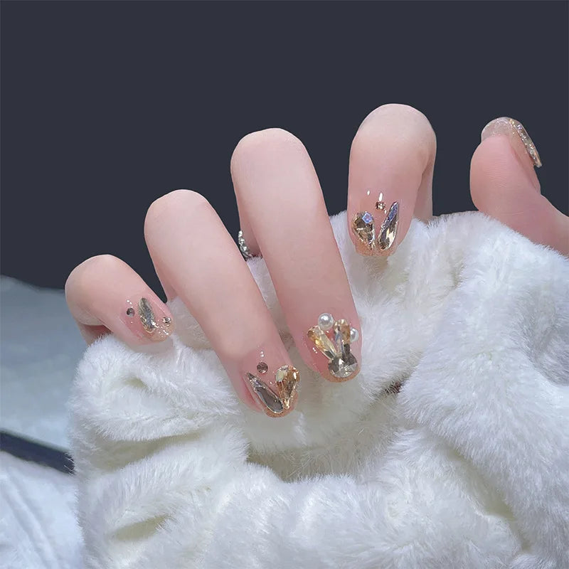 24PCS Camellia False Nails French Pearl Butterfly Design Fake Nail Patch Sweet Style Girl Women Press on Nail Tips Wholesale