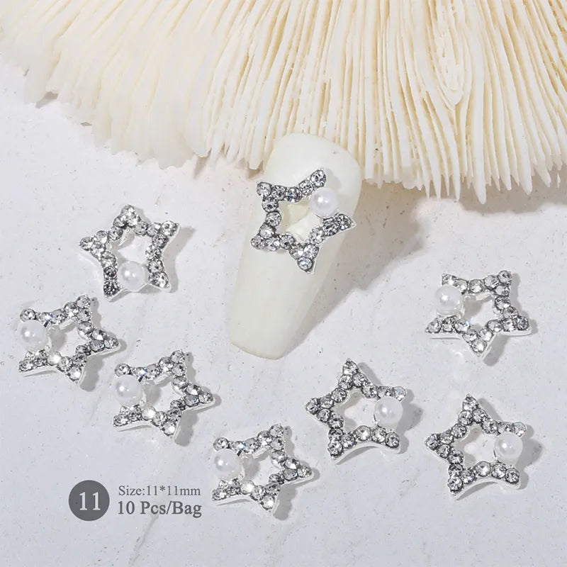 Aichashi 10pcs/bag Butterfly Shaped Nail Rhinestone Star Flower Nail Charm Silver Gold Alloy Nail Pearl Jewelry Accessories Nail Supplies