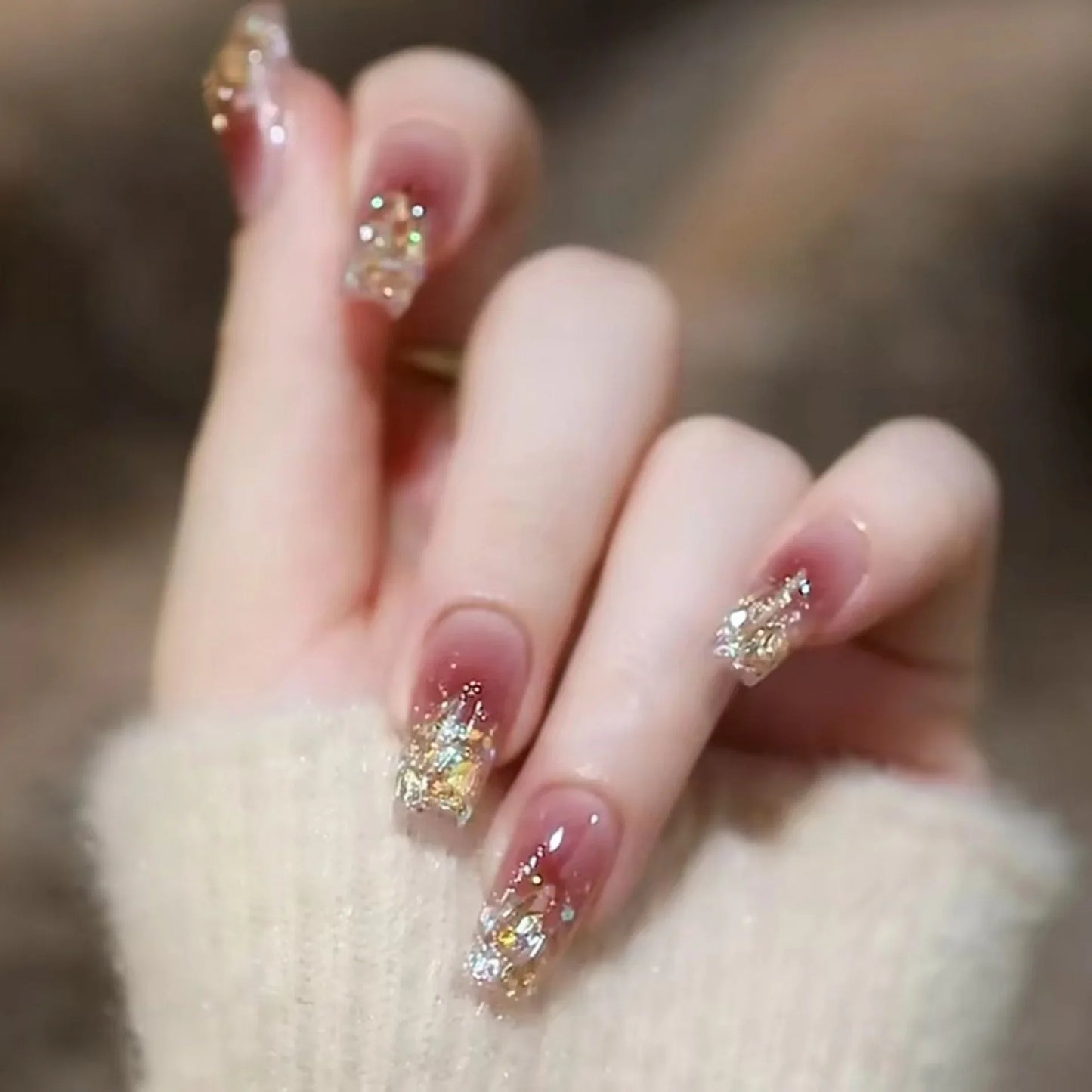 24PCS Glitter Press On Nails Korean Style Heart Rhinestone Design Coffin Fake Nails Full Cover Acrylic Nails Tips for girls Gift