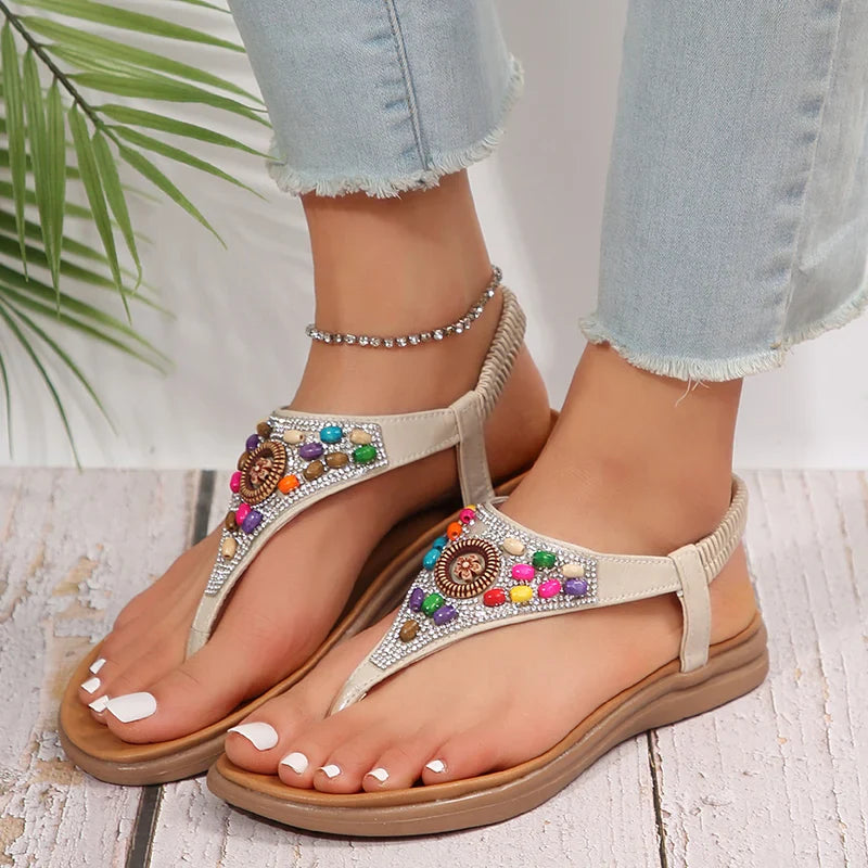 Aichashi Bohemian Style Retro Sandals Women 2024 Summer Clip Toe Flat Gladiator Sandals Woman Fashion Beaded Non Slip Outdoor Flip Flops