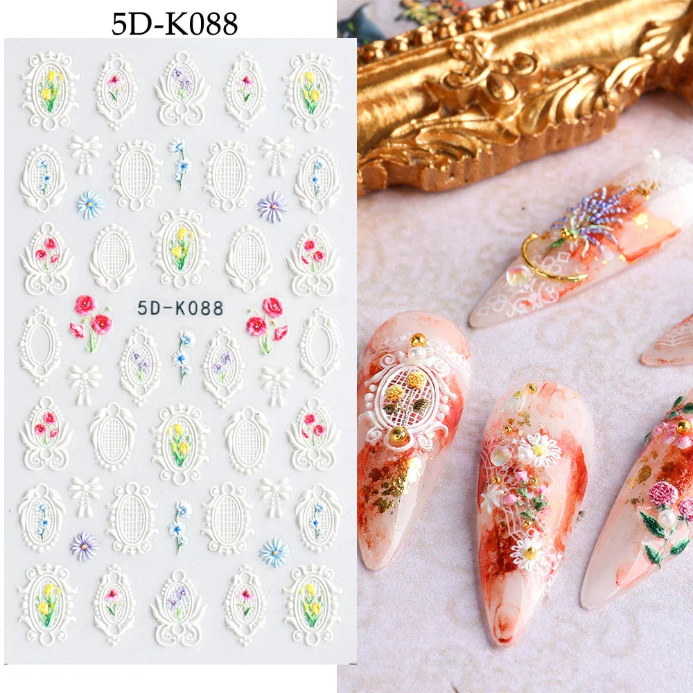 Aichashi 5D Embossed Nail Stickers Flowers Bird Geometric Lines Gold Frame Floral Nail Decals Cherry Blossom Y2K Manicure Decor