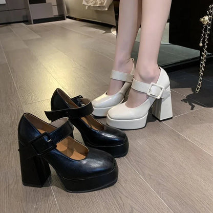 aichashi  -  Chunky Mary Janes Women Pumps Ankle Strap Square Toe Footwear Ladies Spring Black Fashions Platform Platform High Heels Ladies