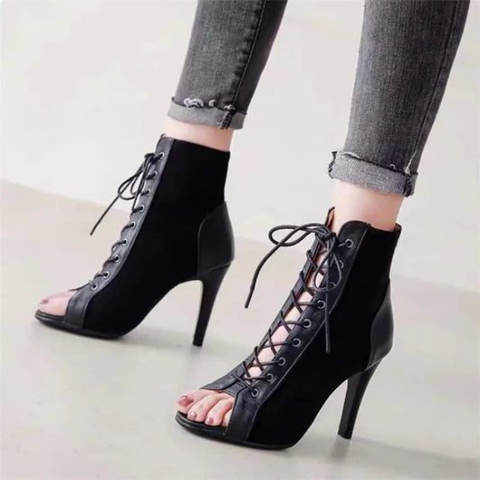 Aichashi Fashion Summer Heels Ankle Boots for Women Spring Peep Toe Lace Up Pumps Party Shoes Quality Suede Ladies Boot Plus Size