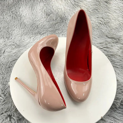 aichashi  -  10cm 12cm Red Inside Women Round Toe Slip On High Heels Nude Black Patent Leather Stilettos Pumps Wedding Party Shoes for Ladies