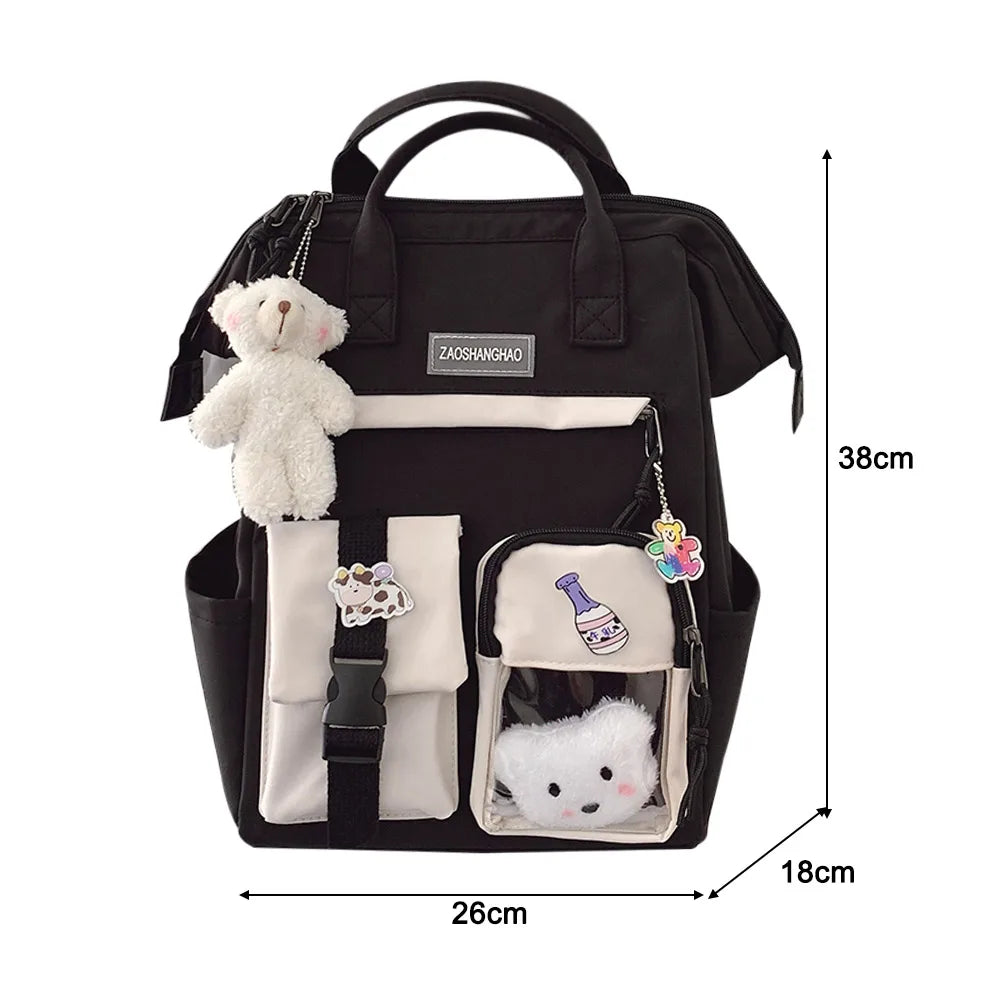 Aichashi Fashion Japanese Nylon Bookbags with Plush Pendant Summer New Student Kawaii Backpack Large Capacity Woman College Rucksack