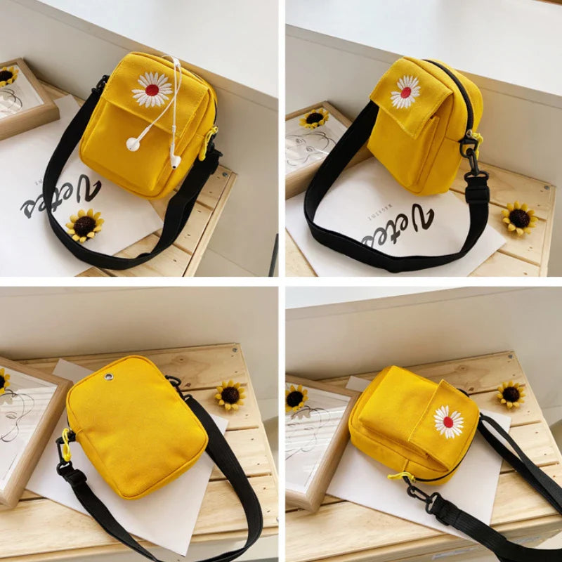 Aichashi Little Daisy Women's Crossbody Bag New Korean Canvas Mini Shoulder Bag Simple and Versatile Small Phone Bag