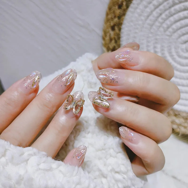 24Pcs Luxury Fake nail tips Women Wearable Press on Nails with Gold Glitter Diamond Full Cover Coffin Artificial Nails Tips