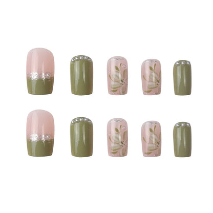 24Pcs/Set Press On Fake Nails Green Wearing Reusable False Nails Art Girls Ballerina Coffin Nail With Glue Full Cover Artificial