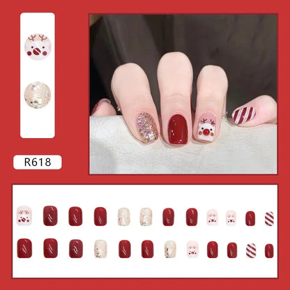 24Pcs Almond False Nails With Tools Cute Heart Strawberry Chili Design French Checkerboard ABS Press On Nails Fake Tips Wearable