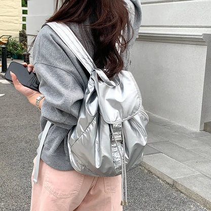 aichashi Retro Style Pu Leather Women Backpack Casual Women Travel Backpack Harajuku School Students Drawstring Flap Nylon Backpack