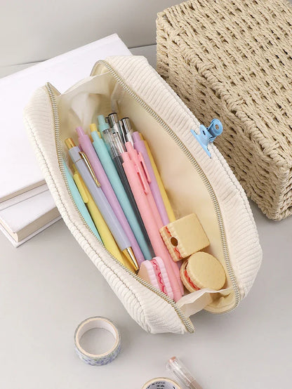 Aichashi Corduroy Pencil Case Large Capacity Pencil Cases Stationery Solid Color Trousse Kawaii Kalemlik School Supplies Pencil Pouch