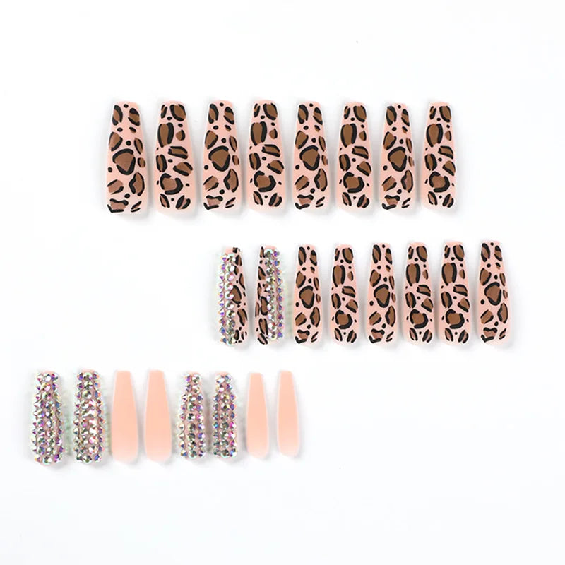 24Pcs False Nails Long Ballet Fake Nails with Rhinestone Leopard Design Press on Nails Wearable Coffin fake Manicure Tools