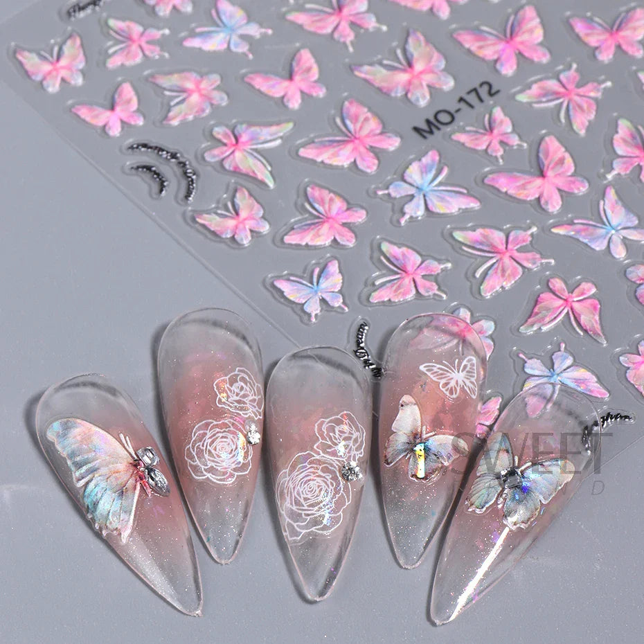 Aichashi Acrylic Engraved Butterfly Nail Manicure Sticker Holographic Crystal Fairy Rose Flowers Adhesive Decals Charm Spring Foils Wraps