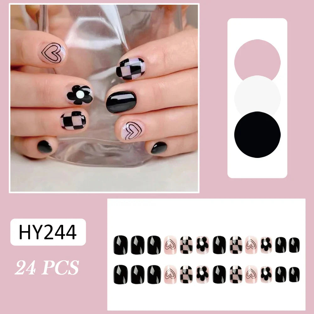 24Pcs Fashion Fake Nails Press on Nail Cute Bear Milk Tea Color Chessboard Grid Pattern Artificial nail Tips with Jelly glue