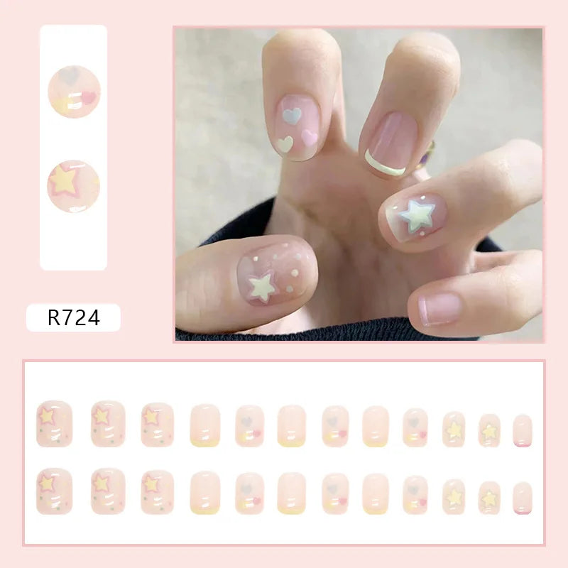 24pcs Gradient False Nails Cute Star Printed Design Fake Nail Short Square Faux Ongles Manicure Nail Stickers Press On Nail Tips